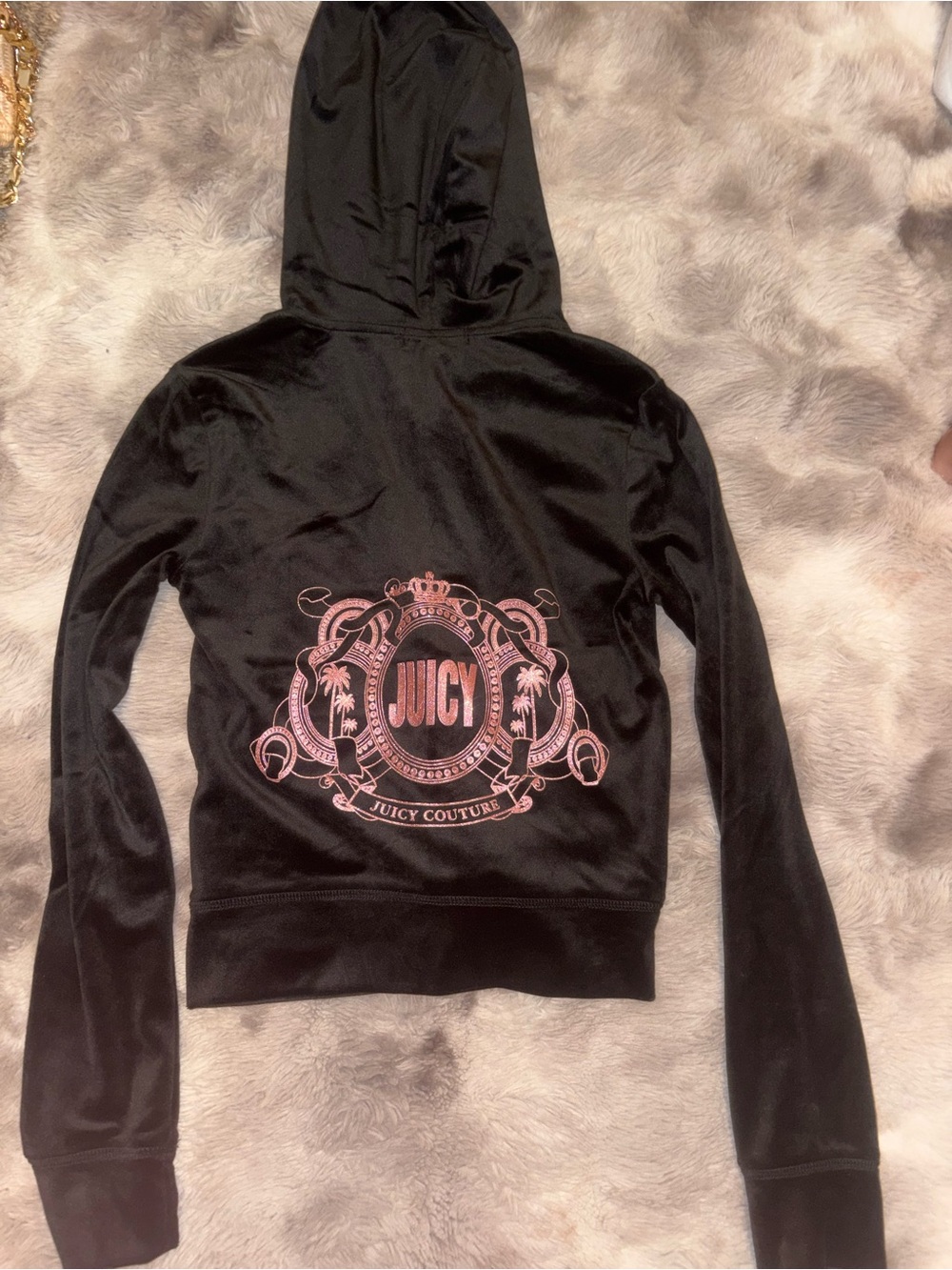 Juicy Couture Black Velour Hoodie with Pink Crest Logo